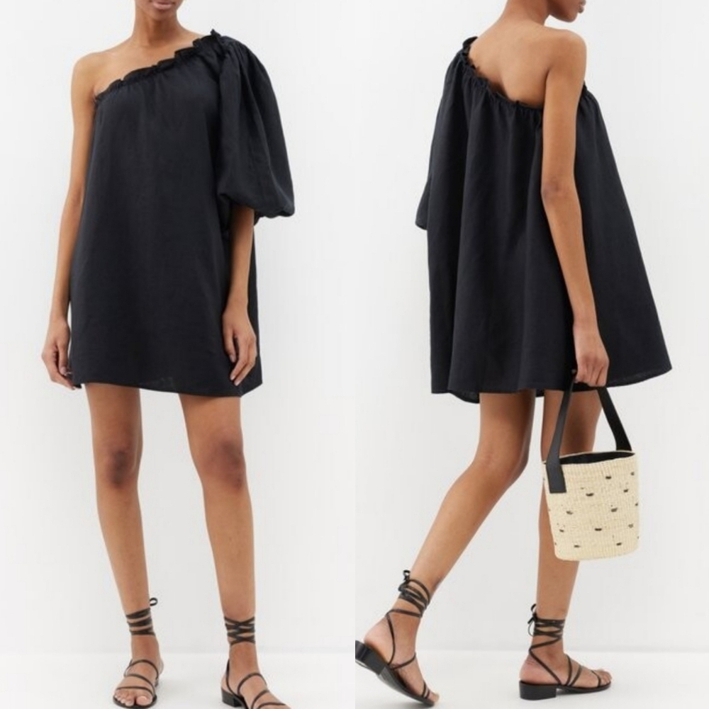 Posse Milla Puff -Sleeve‎ Black One-Shoulder Linen Dress